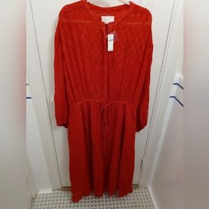 Anthropologie women's plus 3x red and gold shimmer button front dress.